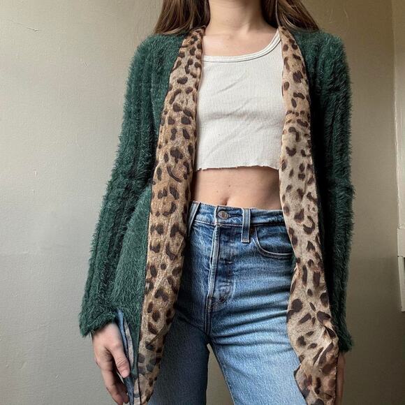 Other Sweaters - Vintage Unbranded Green Fuzzy Cheetah Print Cardigan Small